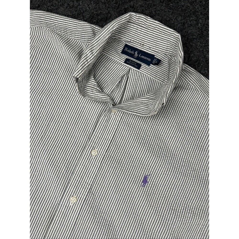 Polo Ralph Lauren White Stripe Seersucker Shirt Men's Button Down Purple Pony L